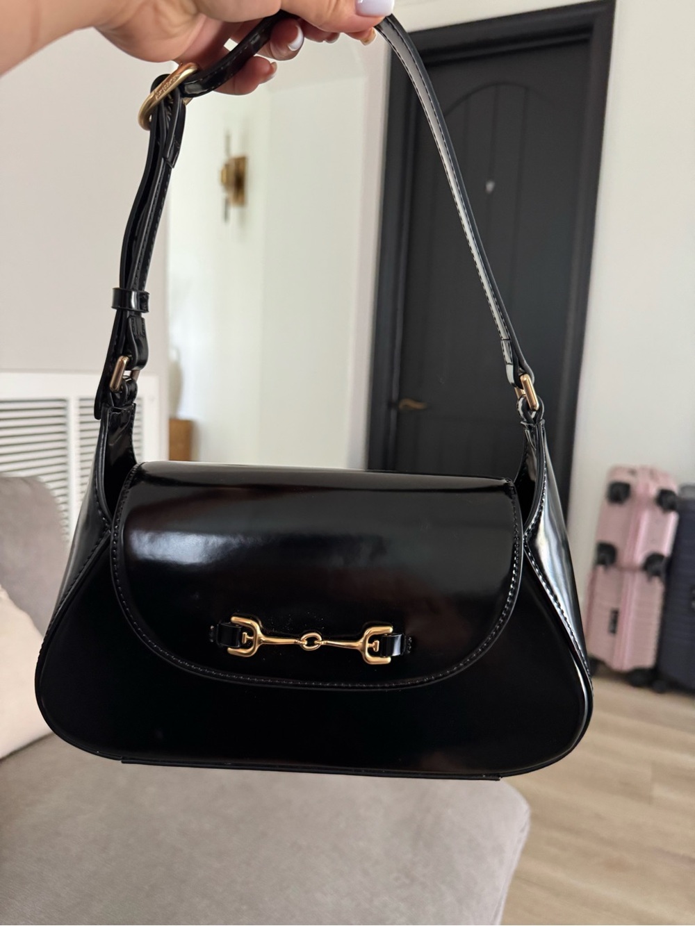 Sam Edelman Black Patent Shoulder Bag with Gold Hardware